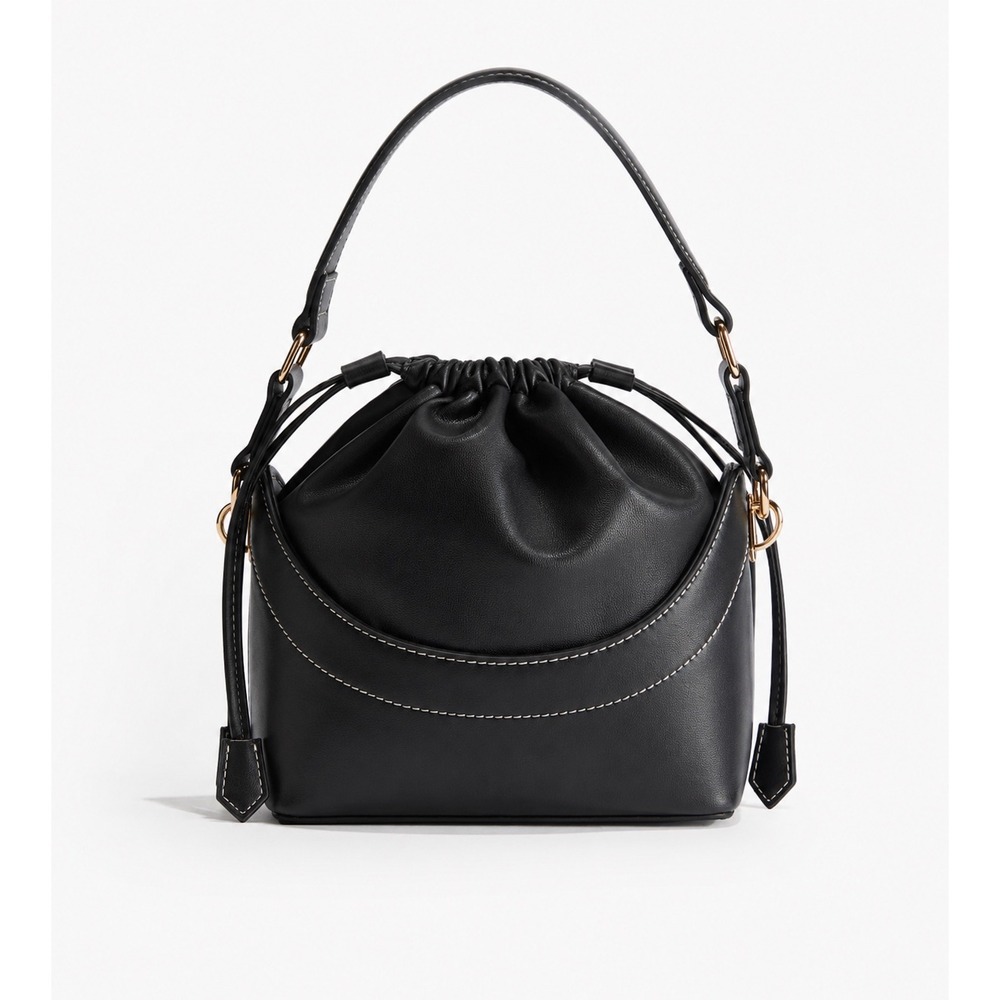 H&M Black Faux LeatherShoulder Crossbody Bucket Bag Drawstring